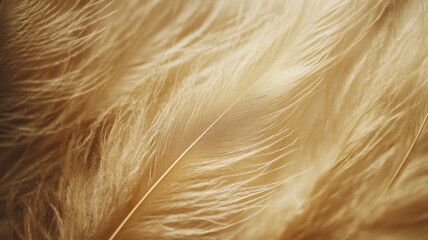 Golden feather macro shot with soft fluffy texture, delicate details, warm tones, and gentle lighting.