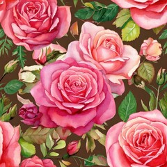 A delicate watercolor floral pattern featuring blooming pink and peach roses with lush green leaves on a rich brown background, creating a classic vintage look.