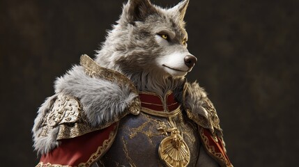 Obraz premium Anthropomorphic wolf in regal attire, detailed fur, ornate clothing, and confident pose.