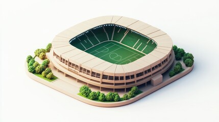 Obraz premium Isometric illustration of a modern stadium with green field, surrounded by trees.