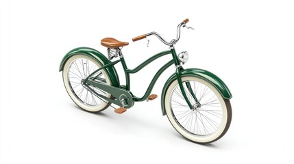 Fototapeta premium Green vintage bicycle with brown leather seat and cream tires isolated on white background.