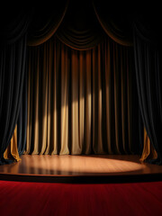 Empty 3d room background illustration - Theater stage with black gold velvet curtains