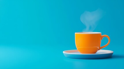 Obraz premium Bright Orange Coffee Cup on Blue Background - A vibrant orange coffee cup emits steam while resting on a white plate against a solid blue backdrop.