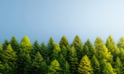 Fototapeta premium A serene landscape showcasing a lush green forest with tall evergreen trees under a clear blue sky, perfect for nature lovers.