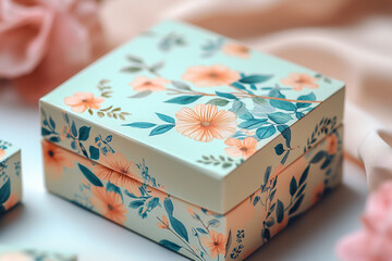 Obraz premium Decorative gift box with floral design placed among other pastel colored boxes in a soft light setting