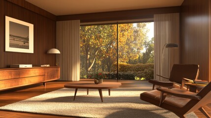 Fototapeta premium Sunlit mid-century modern living room with large window overlooking autumnal garden.