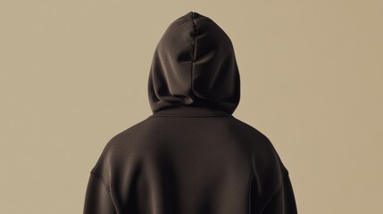 Rear view of a person wearing a dark brown hoodie against a beige background.