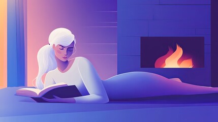 Obraz premium a woman with white hair reading a book by a fireplace in a cozy, blue-toned room.