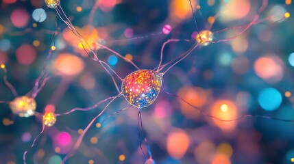 A 3D illustration of a neural network. Concepts of big data and cybersecurity. Data flow. A global database and imagery. A vibrant, colorful background with a bokeh effect.