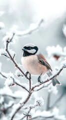 Naklejka premium Small bird perched on snow-covered branch in winter.