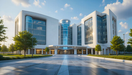 A high-tech hospital running on renewable energy, featuring hydrogen fuel cells and solar panels.