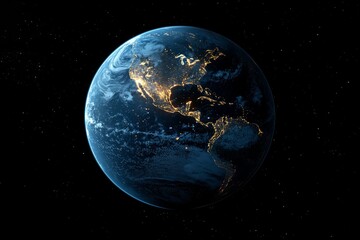 Obraz premium A breathtaking view of Earth illuminated at night highlighting cities and natural features