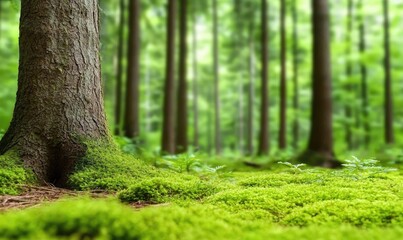 Naklejka premium Close-up of vibrant green moss covering the ground beneath tall trees in a serene forest setting, evoking tranquility and nature's beauty.
