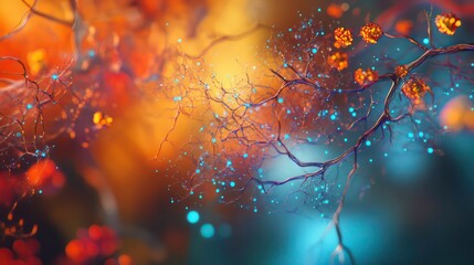A 3D illustration of a neural network. Concepts of big data and cybersecurity. Data flow. A global database and imagery. A vibrant, colorful background with a bokeh effect.