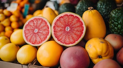 Colorful Assortment of Fresh Tropical and Citrus Fruits in a Lush Outdoor Market Display