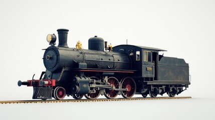 Vintage steam locomotive on tracks, isolated on white background.