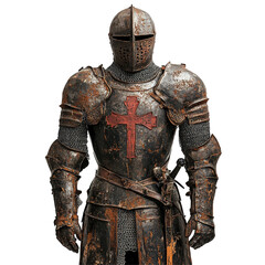 Fototapeta premium Rusty knights templar armor with equestrian cross on display in weathered condition, Rusty Armor Knights Templar Cross Equestrian Order th Century Military Heritage Medieval Costume, Transparent