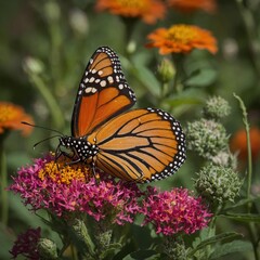 Fototapeta premium A butterfly landing on a brightly colored wildflower.lifestyle photo monarch butterfly sitting on a flower Light pastel pink and seafoam green beach scene. Concept of relaxation and vacation.