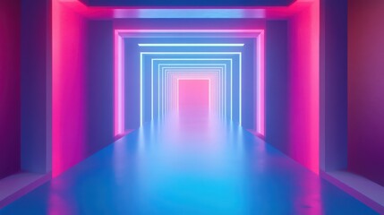 Neon Lit Corridor with Pink and Blue Lights, Abstract Architectural Space