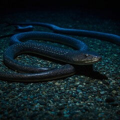 Obraz premium A black snake is curled up on the ground in a natural setting, A sleek, black snake slithering through a dark forest a nocturnal grandiose quantum serpent twists and coils 