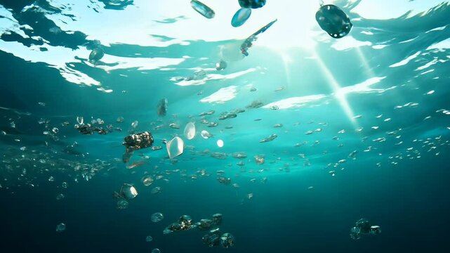 Microscopic nanorobots actively break down microplastics in the polluted ocean, with sunlight filtering through the water, highlighting the contrast between technology and environmental crisis.