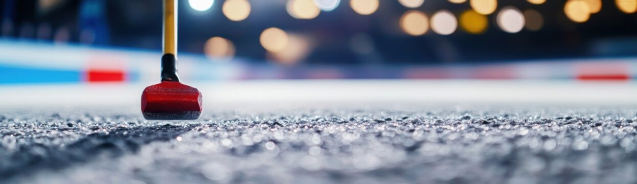 Close-up of a curling brush on ice, blurred background showing lights and rink lines.