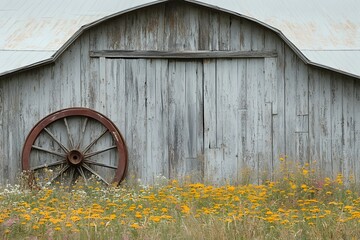 Rustic Wooden Barn With Flower Filled Meadow in Countryside Landscape