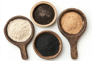 Variety of superfood powders in wooden spoons