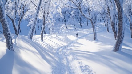 Obraz premium A snowy forest with a person skiing down a path. The snow is deep and the trees are bare, creating a serene and peaceful atmosphere