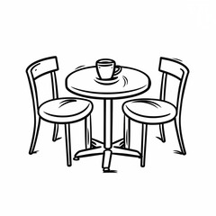 In a cafe, a table with a cup of tea or coffee and two chairs, front view, icon, black and whit sketch on a white background, picture, image for printing on a T-shirt, signboard, without people