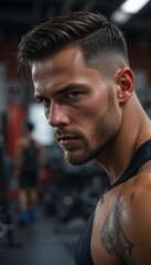 Fit Man Staring at the Camera in a Gym Background