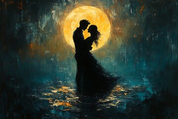 Fototapeta premium Silhouette of a loving couple under a golden moon, painted in a textured style.