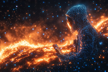 Obraz premium A glowing wireframe illustration of a geologist in a protective suit studying an active volcano with advanced scanning equipment, analyzing lava flows and seismic data.