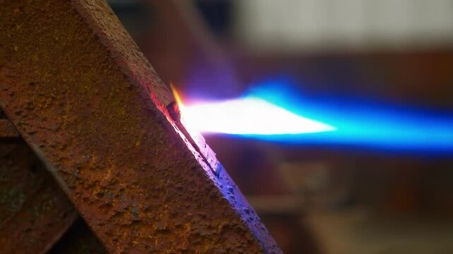 Powerful blue acetylene flame penetrating rusty metal beam, generating intense sparks and molten slag during precision industrial cutting process