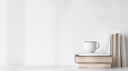 Minimalist Books and Coffee Cup on White Surface