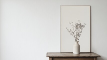 Fototapeta premium Minimalist framed print, dried flowers, wooden table, interior scene, display, home decor