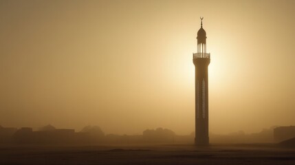 Mosque Minaret Sunrise Desert Fog