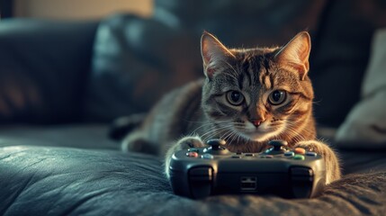 Cute tabby cat intensely playing video games with a wireless controller