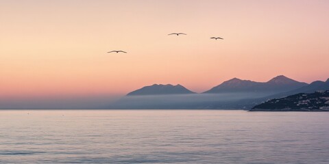 Sunset sunrise scene of the sea with pink sky. Sky sea and bird silhouette with mountain horizon background wallpaper
