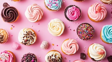 Colorful assorted pastries and desserts on a pink background