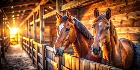 Fototapeta premium Horses in Stable Tilt-Shift Photography, Stunning AI Photo, Equine, Stable, Focus, Depth of Field