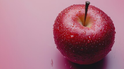 Fresh red apple covered in water droplets on pink background