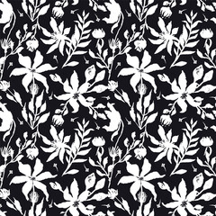 Seamless pattern with black and white hand drawn flowers and leaves. Loose botanical repeat background. Rough florals monochrome wallpaper.