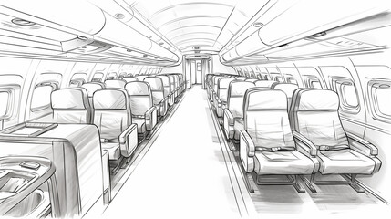 Fototapeta premium Airplane interior, front view, badge, simple black and white sketch highlighted on a white background, without people, picture, image for printing on a T-shirt