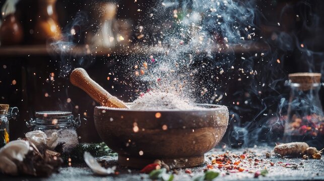 Flour dusting from a wooden spoon during baking