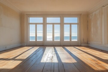 Obraz premium An unoccupied beach house apartment with wooden flooring and sea-view windows, providing a tranquil and expansive environment with generous space for creative endeavors.