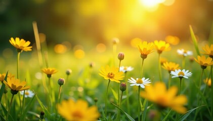 Warm sunlight filters through wildflowers in a lush meadow, bloom, yellow