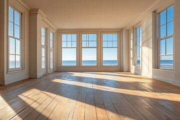 Obraz premium A vacant beach house apartment featuring wooden floors and windows that offer a view of the sea, creating a calm and open atmosphere with plenty of room for creative projects.