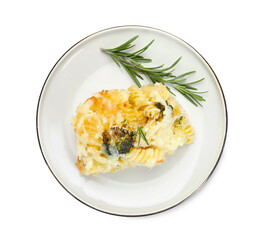 Tasty pasta casserole with cheese and broccoli isolated on white, top view