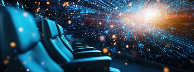 A futuristic cinema experience with floating holographic reels.